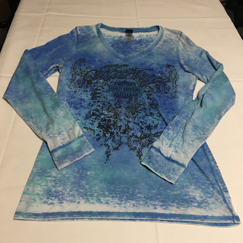 Harley-Davidson Long Sleeve T-Shirt Women 2XL Blue Tie Dye V-Neck Rhinestone